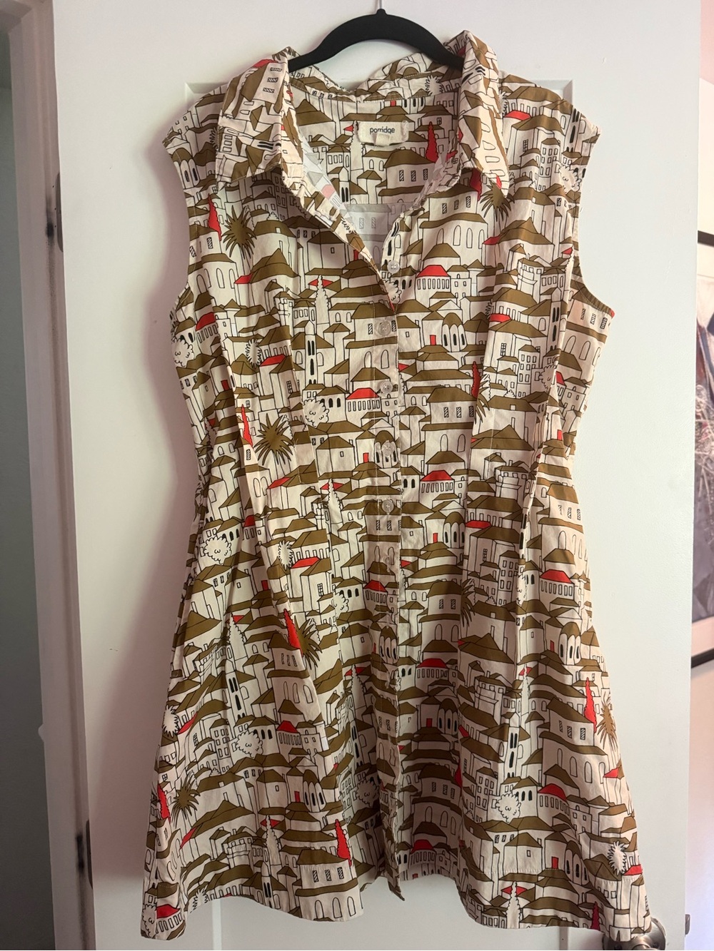 Printed Sleeveless Mini Dress in Beige with Red Accents